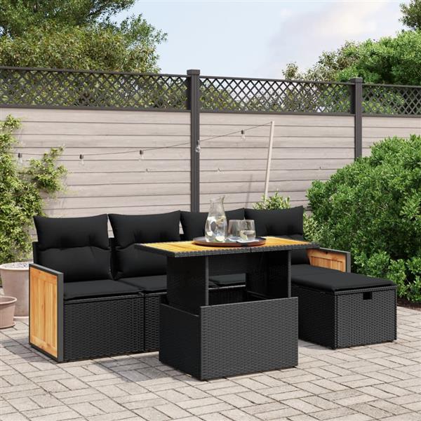 Grote foto vidaxl 6 delige loungeset met kussens poly rattan zwart tuin en terras tuinmeubelen