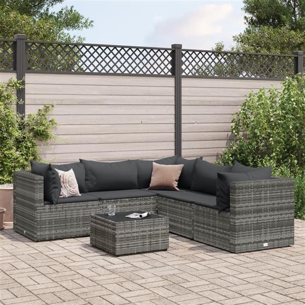 Grote foto vidaxl 6 delige loungeset met kussens poly rattan grijs tuin en terras tuinmeubelen