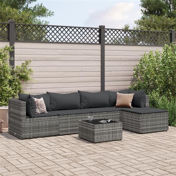 Grote foto vidaxl 6 delige loungeset met kussens poly rattan grijs tuin en terras tuinmeubelen