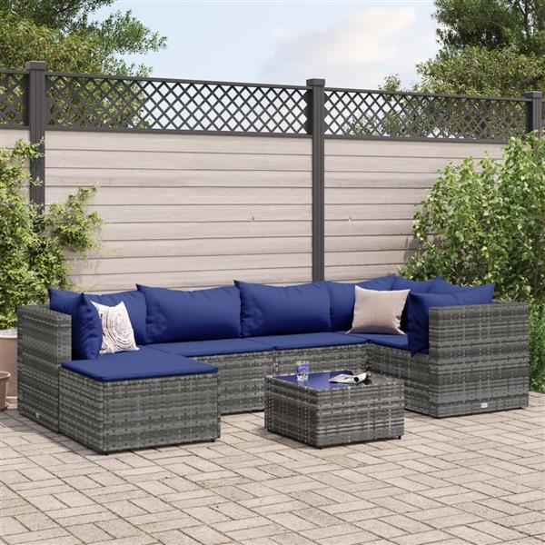 Grote foto vidaxl 7 delige loungeset met kussens poly rattan grijs tuin en terras tuinmeubelen