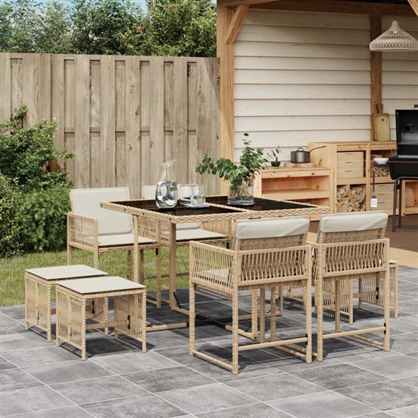 Grote foto vidaxl 9 delige tuinset met kussens poly rattan beige tuin en terras tuinmeubelen