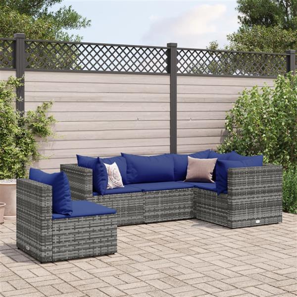 Grote foto vidaxl 5 delige loungeset met kussens poly rattan grijs tuin en terras tuinmeubelen