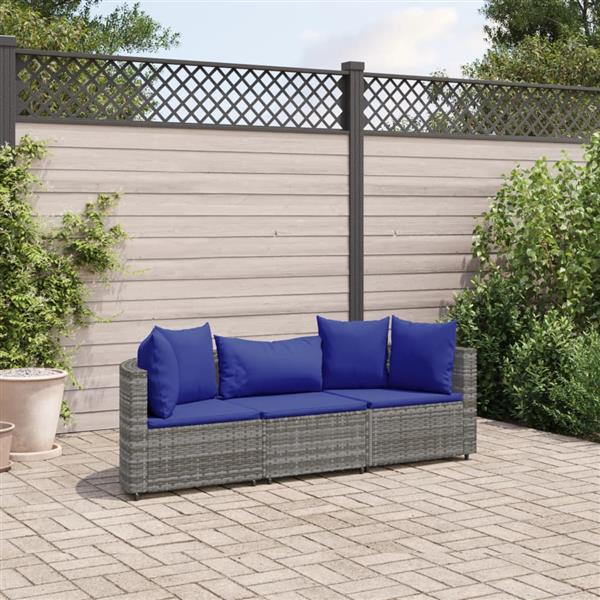 Grote foto vidaxl 3 delige loungeset met kussens poly rattan grijs tuin en terras tuinmeubelen