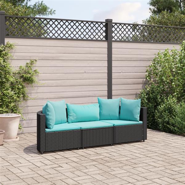 Grote foto vidaxl 3 delige loungeset met kussens poly rattan zwart tuin en terras tuinmeubelen