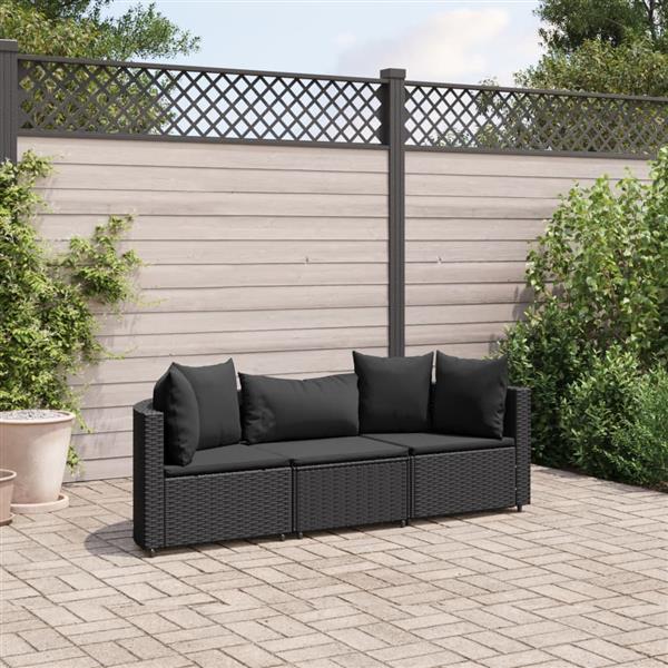 Grote foto vidaxl 3 delige loungeset met kussens poly rattan zwart tuin en terras tuinmeubelen