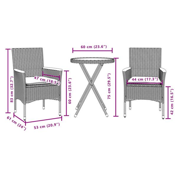 Grote foto vidaxl 3 delige bistroset met kussens poly rattan en acaciahout grijs tuin en terras tuinmeubelen