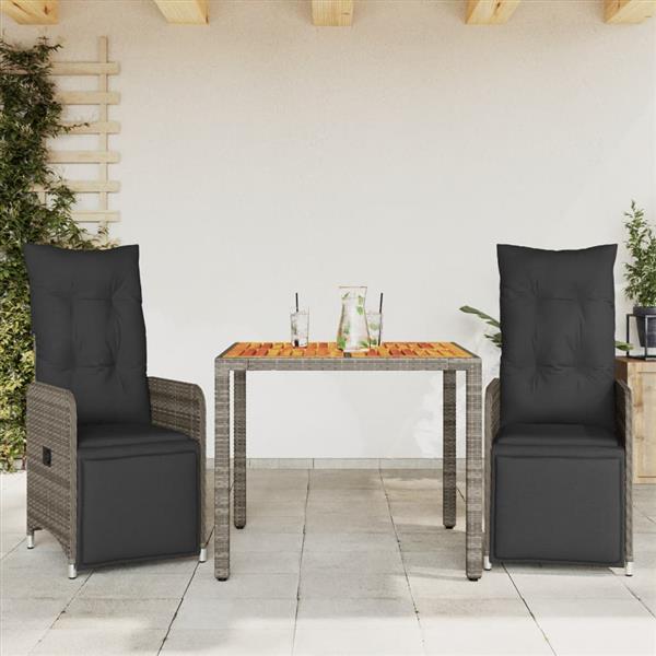 Grote foto vidaxl 3 delige bistroset met kussens poly rattan grijs tuin en terras tuinmeubelen