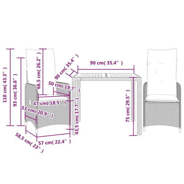 Grote foto vidaxl 3 delige bistroset met kussens poly rattan grijs tuin en terras tuinmeubelen