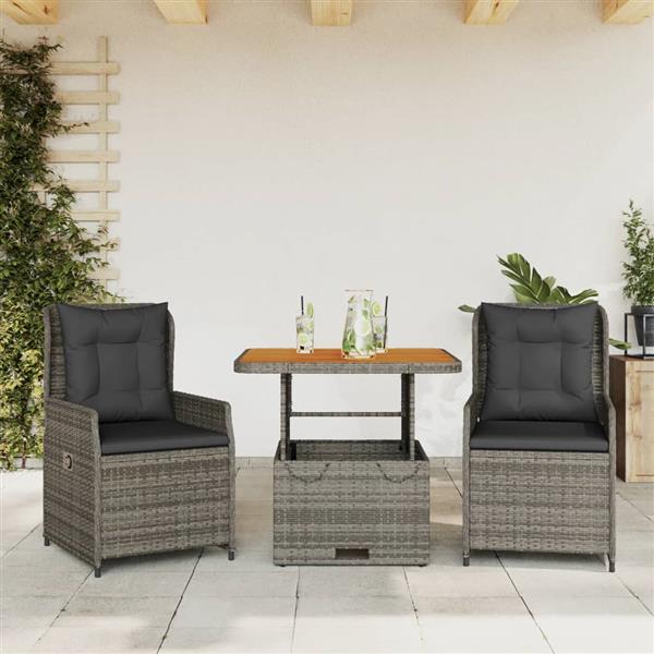 Grote foto vidaxl 3 delige bistroset met kussens poly rattan grijs tuin en terras tuinmeubelen