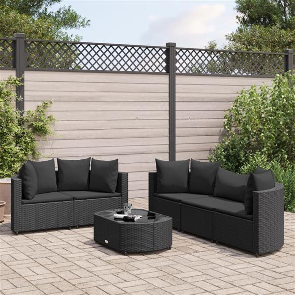 Grote foto vidaxl 6 delige loungeset met kussens poly rattan zwart tuin en terras tuinmeubelen