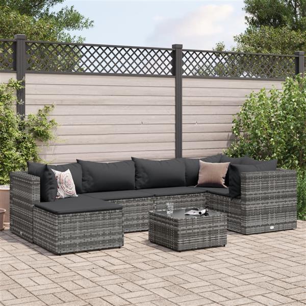 Grote foto vidaxl 7 delige loungeset met kussens poly rattan grijs tuin en terras tuinmeubelen