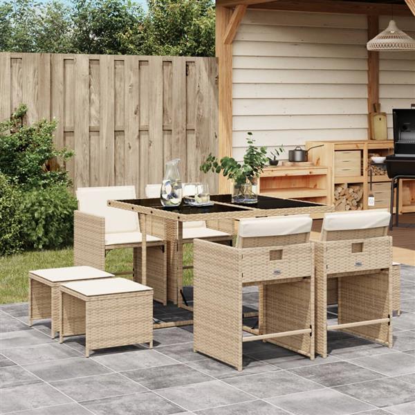 Grote foto vidaxl 9 delige tuinset met kussens poly rattan beige tuin en terras tuinmeubelen