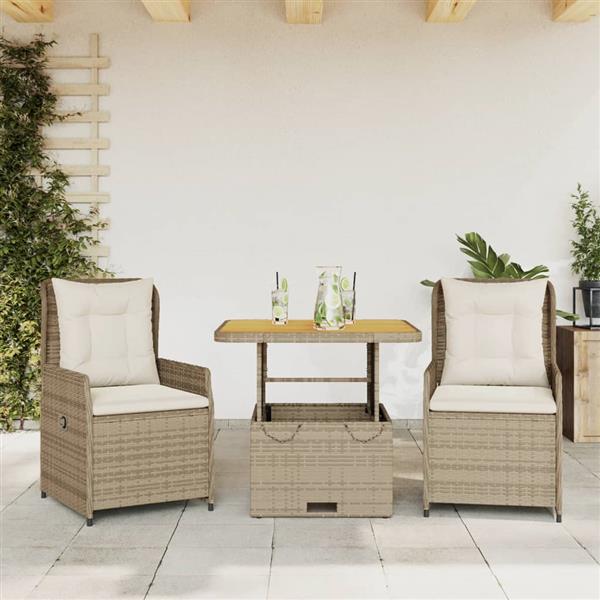 Grote foto vidaxl 3 delige bistroset met kussens poly rattan beige tuin en terras tuinmeubelen