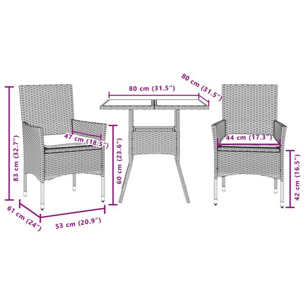 Grote foto vidaxl 3 delige tuinset met kussens poly rattan en glas grijs tuin en terras tuinmeubelen