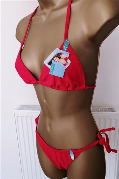 Grote foto mooie rode triangel bikini met koordjes s m l kleding dames badmode en zwemkleding