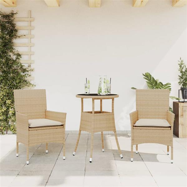 Grote foto vidaxl 3 delige tuinset met kussens poly rattan en glas beige tuin en terras tuinmeubelen