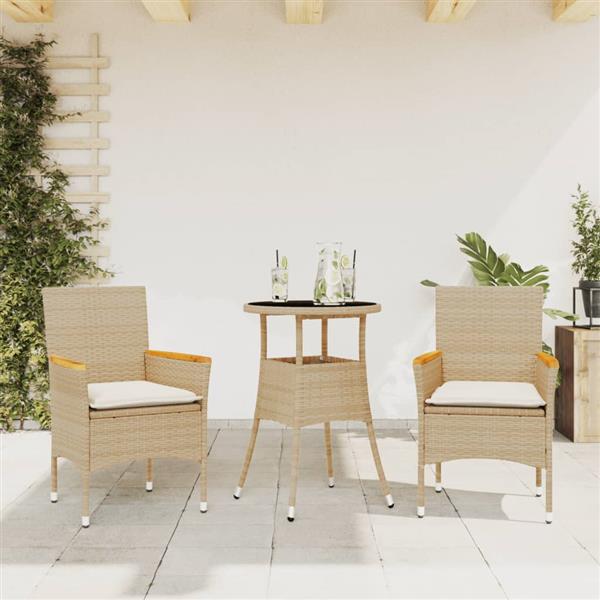 Grote foto vidaxl 3 delige tuinset met kussens poly rattan en glas beige tuin en terras tuinmeubelen