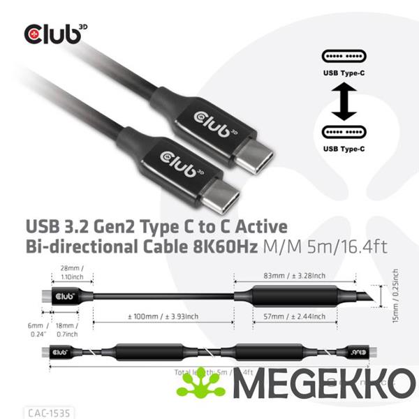 Grote foto club3d cac 1535 usb kabel 5 m 3.2 gen 2 3.1 gen 2 usb c zwart computers en software overige computers en software