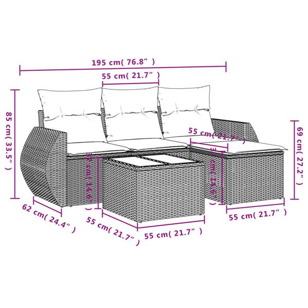 Grote foto vidaxl 5 delige loungeset met kussens poly rattan lichtgrijs tuin en terras tuinmeubelen