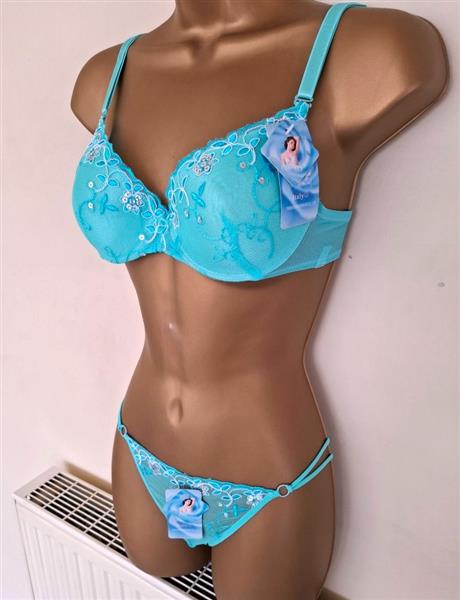 Grote foto elegante turquoise bh met doorzichtige string kleding dames ondergoed en lingerie