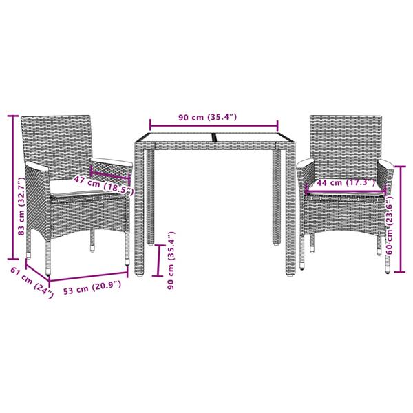 Grote foto vidaxl 3 delige tuinset met kussens poly rattan en glas grijs tuin en terras tuinmeubelen