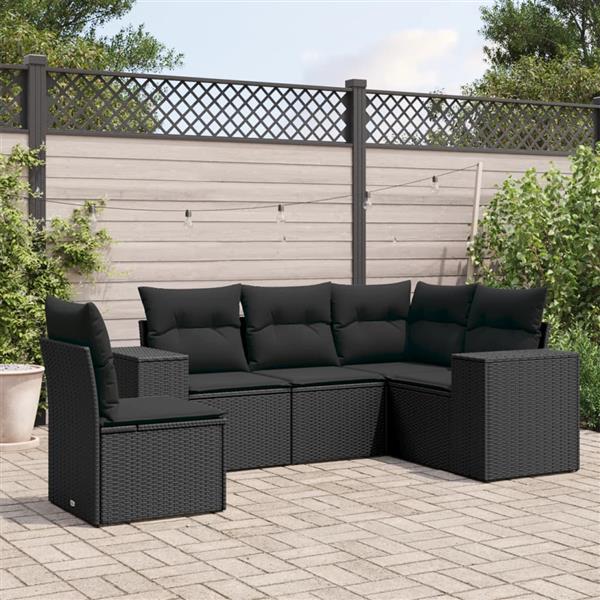 Grote foto vidaxl 5 delige loungeset met kussens poly rattan zwart tuin en terras tuinmeubelen