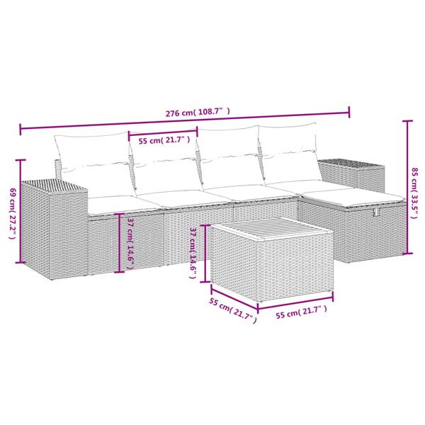 Grote foto vidaxl 6 delige loungeset met kussens poly rattan zwart tuin en terras tuinmeubelen