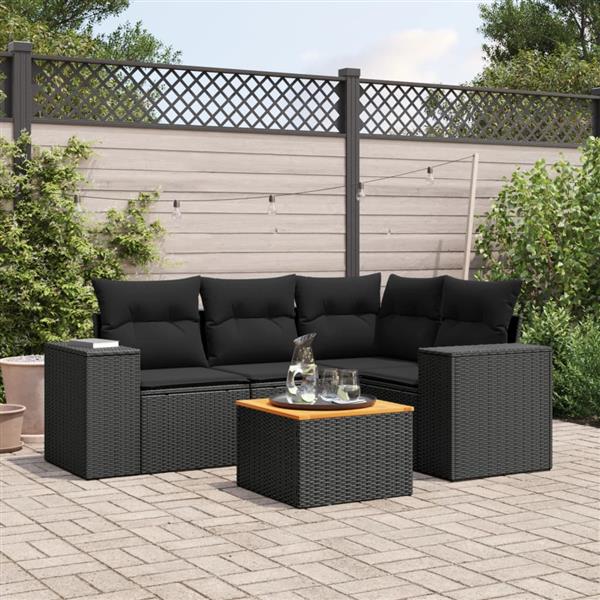 Grote foto vidaxl 5 delige loungeset met kussens poly rattan zwart tuin en terras tuinmeubelen