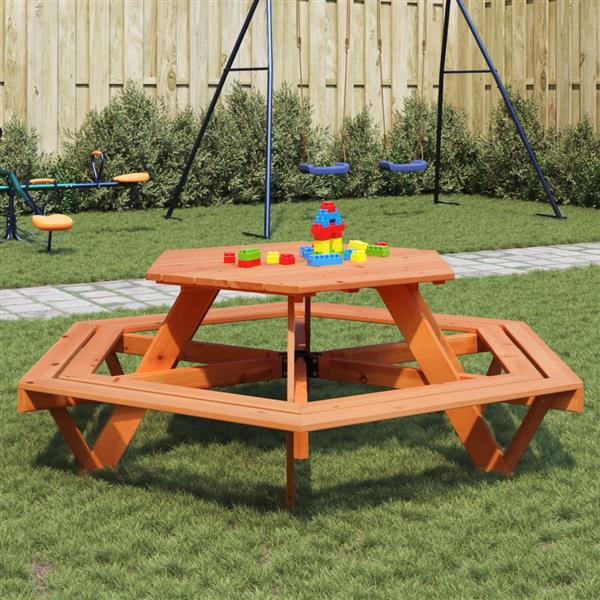 Grote foto vidaxl picknicktafel voor 6 kinderen met banken zeshoekig vurenhout tuin en terras tuinmeubelen