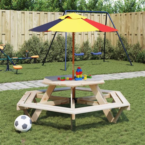 Grote foto vidaxl picknicktafel voor 4 kinderen met parasol zeshoekig vurenhout tuin en terras tuinmeubelen