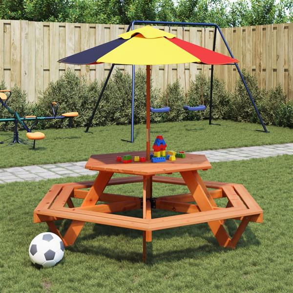 Grote foto vidaxl picknicktafel voor 4 kinderen met parasol zeshoekig vurenhout tuin en terras tuinmeubelen