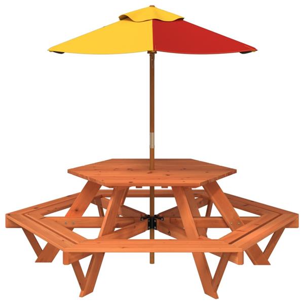 Grote foto vidaxl picknicktafel voor 4 kinderen met parasol zeshoekig vurenhout tuin en terras tuinmeubelen