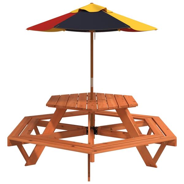 Grote foto vidaxl picknicktafel voor 4 kinderen met parasol zeshoekig vurenhout tuin en terras tuinmeubelen