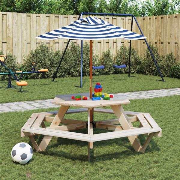 Grote foto vidaxl picknicktafel voor 4 kinderen met parasol zeshoekig vurenhout tuin en terras tuinmeubelen