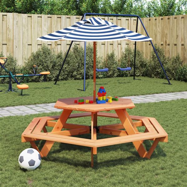 Grote foto vidaxl picknicktafel voor 4 kinderen met parasol zeshoekig vurenhout tuin en terras tuinmeubelen