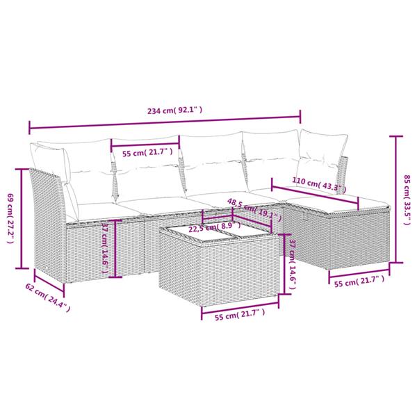 Grote foto vidaxl 6 delige loungeset met kussens poly rattan zwart tuin en terras tuinmeubelen