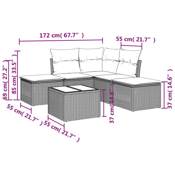 Grote foto vidaxl 6 delige loungeset met kussens poly rattan zwart tuin en terras tuinmeubelen