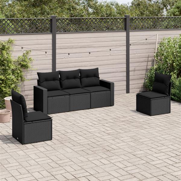 Grote foto vidaxl 5 delige loungeset met kussens poly rattan zwart tuin en terras tuinmeubelen