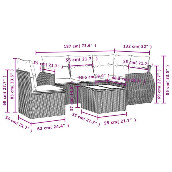 Grote foto vidaxl 6 delige loungeset met kussens poly rattan zwart tuin en terras tuinmeubelen