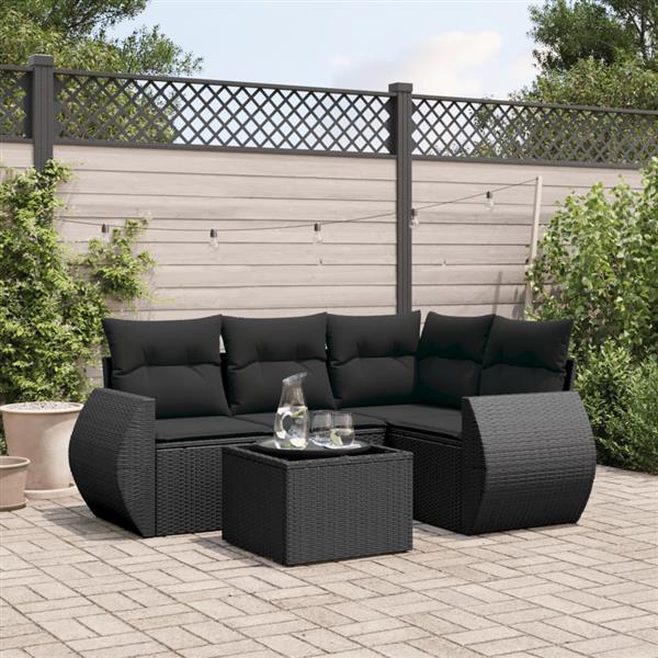 Grote foto vidaxl 5 delige loungeset met kussens poly rattan zwart tuin en terras tuinmeubelen