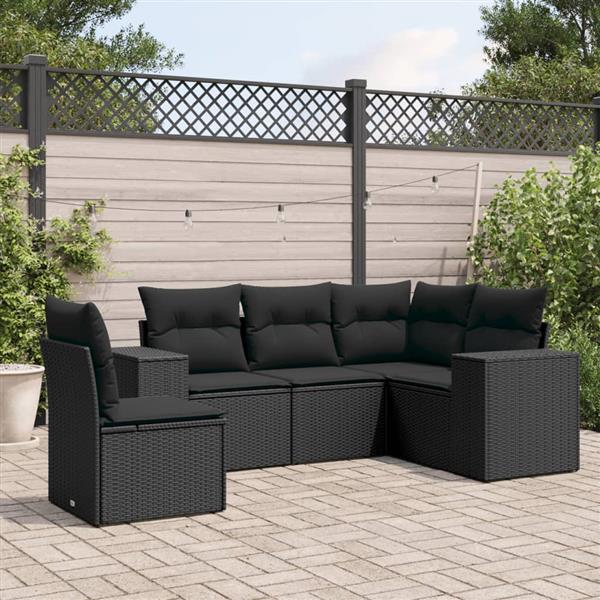 Grote foto vidaxl 5 delige loungeset met kussens poly rattan zwart tuin en terras tuinmeubelen