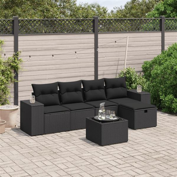 Grote foto vidaxl 6 delige loungeset met kussens poly rattan zwart tuin en terras tuinmeubelen