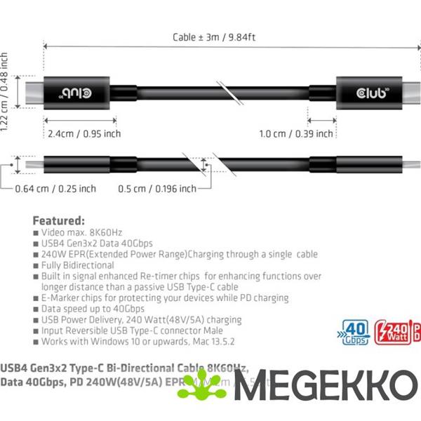 Grote foto club3d usb4 gen3x2 type c bi directional cable computers en software overige computers en software