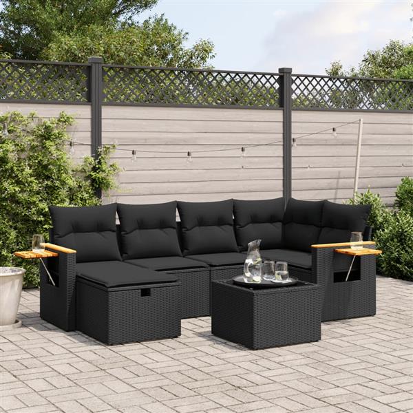 Grote foto vidaxl 7 delige loungeset met kussens poly rattan zwart tuin en terras tuinmeubelen