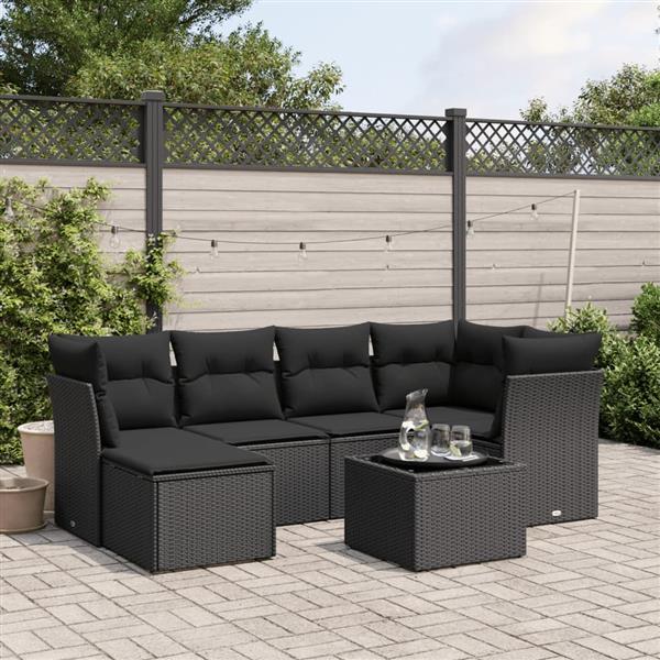 Grote foto vidaxl 7 delige loungeset met kussens poly rattan zwart tuin en terras tuinmeubelen