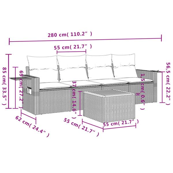 Grote foto vidaxl 5 delige loungeset met kussens poly rattan grijs tuin en terras tuinmeubelen