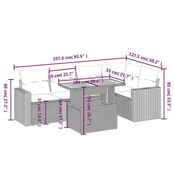 Grote foto vidaxl 6 delige loungeset met kussens poly rattan zwart tuin en terras tuinmeubelen