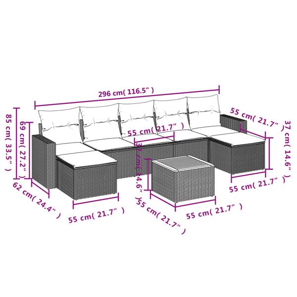 Grote foto vidaxl 8 delige loungeset met kussens poly rattan zwart tuin en terras tuinmeubelen