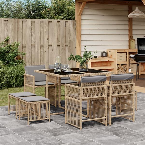 Grote foto vidaxl 9 delige tuinset met kussens poly rattan gemengd beige tuin en terras tuinmeubelen