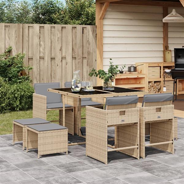 Grote foto vidaxl 9 delige tuinset met kussens poly rattan gemengd beige tuin en terras tuinmeubelen